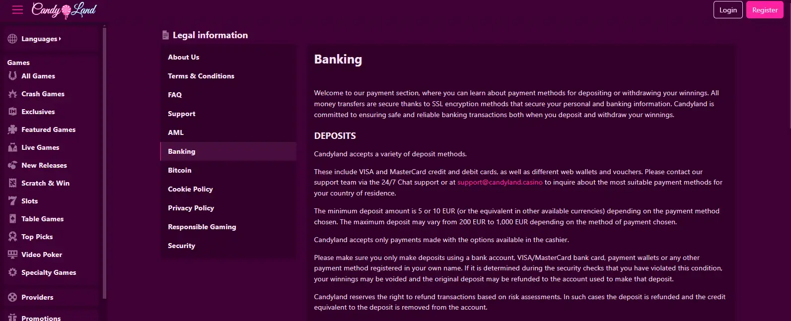 Candyland official banking or cashier screen showing current payment categories