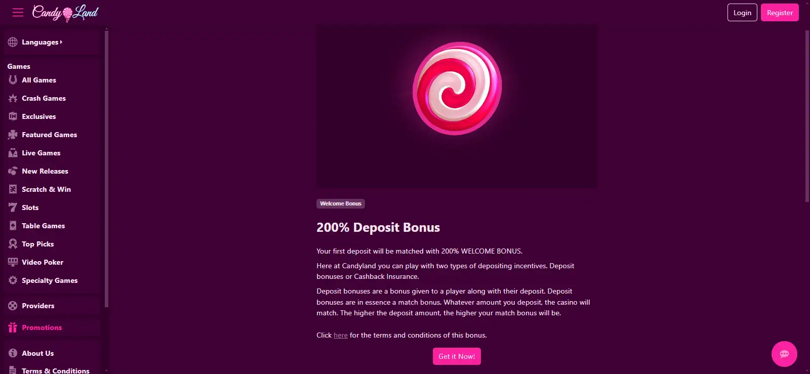 Current Candyland first-deposit promotion page showing the 200% welcome offer