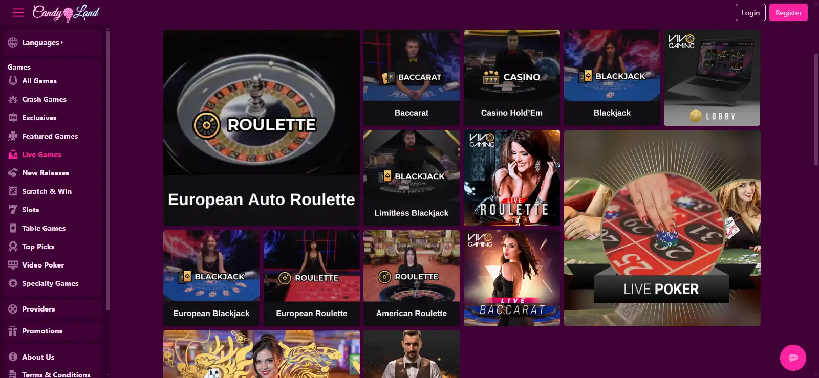 Candyland live casino lobby with current dealer table tiles visible