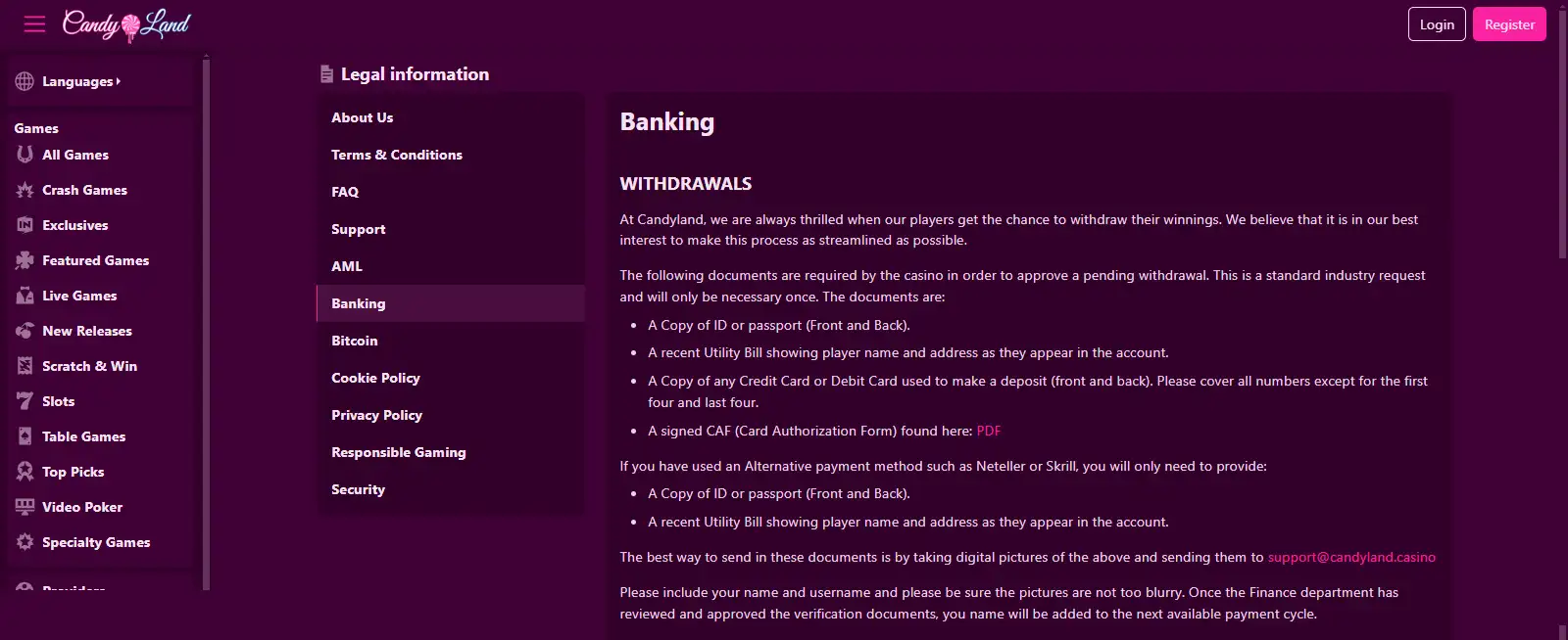 Official Candyland banking page showing current KYC verification requirements