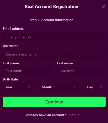 Current Candyland Casino registration form with visible account fields and country selector