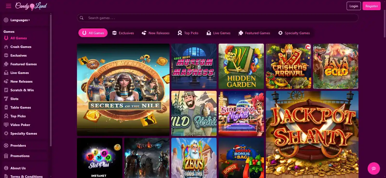 Candyland game lobby with category navigation and current game tiles