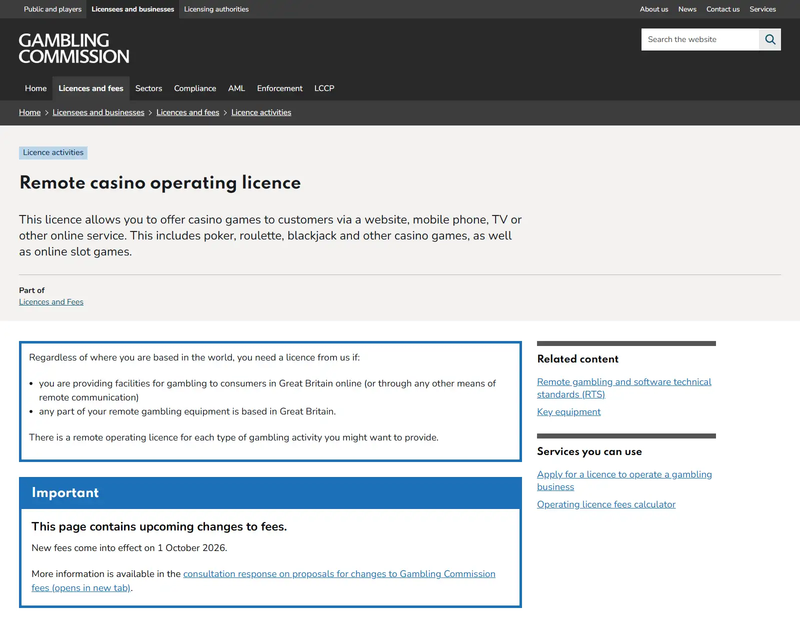 UK Gambling Commission remote casino operating licence guidance for Great Britain